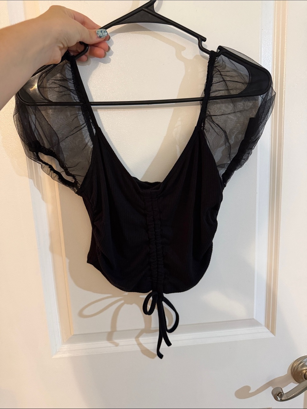 Sheer Puff Sleeve Black Tie-Front Crop Top
